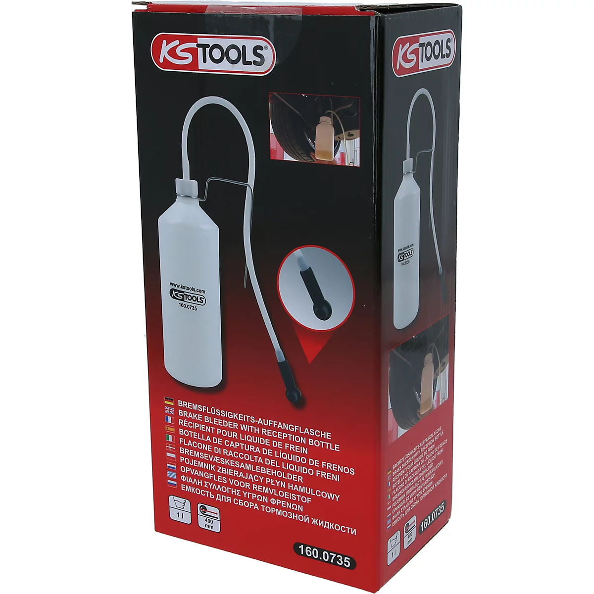 Verpackung eines KS TOOLS Bremsenentlüfters. Auf weißem Hintergrund steht eine weiße Flasche mit Schlauch. Aufschrift: KS TOOLS.